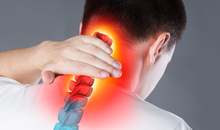 Pain in the spine, a man with backache, injury in the human neck, chiropractic treatments concept with highlighted skeleton